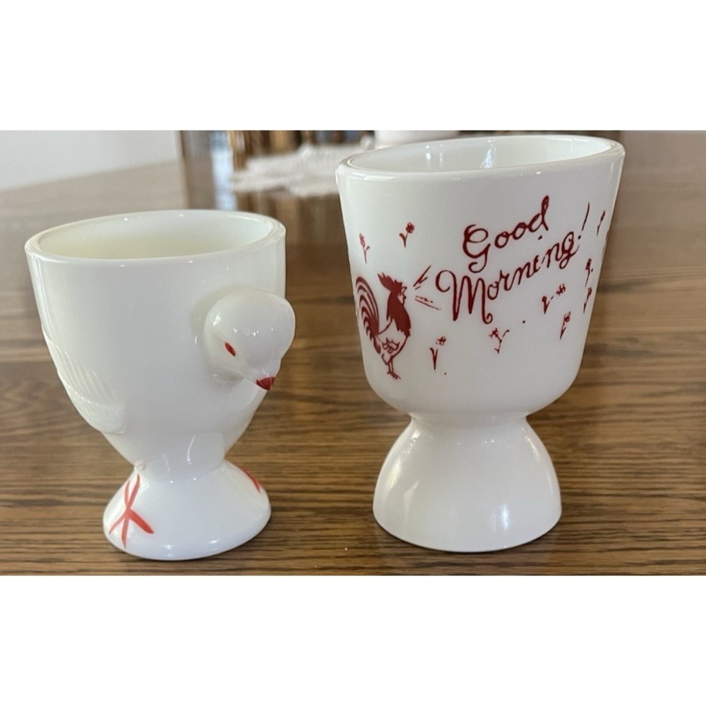 Indiana Hazel Atlas Westmoreland Milk Glass 2 Red White Egg Cups Good Morning